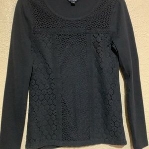 Lucky Brand Top Blouse S Black Stretchy Long Sleeve Pullover Front Lace Shell